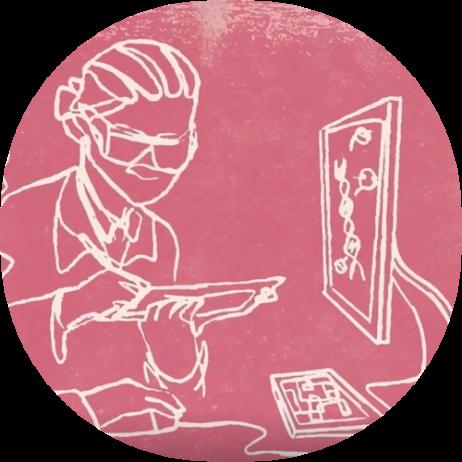 A drawing on a pink background of a female scientist in a lab looking at a computer screen while holding a clipboard